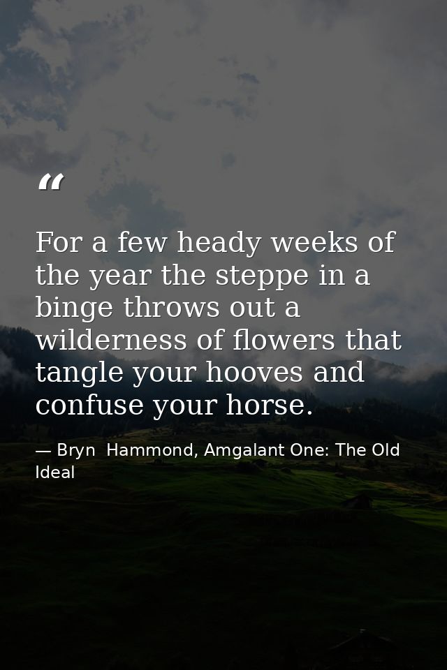 For a few heady weeks of the year the steppe in a binge throws out a wilderness of flowers that tangle your hooves and c — Bryn  Hammond, Amgalant One: The Old Ideal