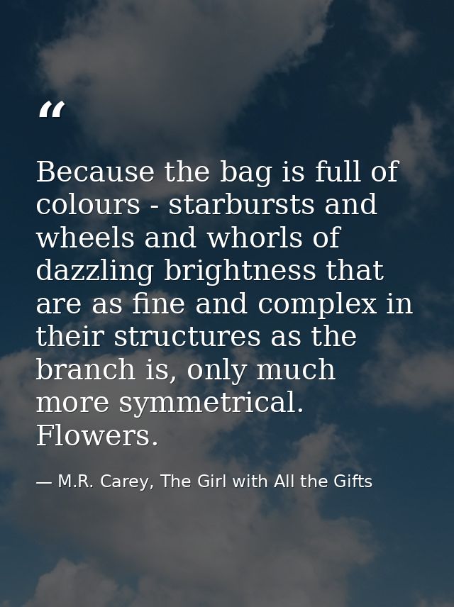 Because the bag is full of colours - starbursts and wheels and whorls of dazzling brightness that are as fine and comple — M.R. Carey, The Girl with All the Gifts