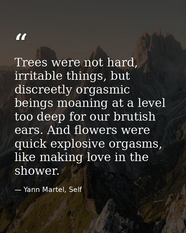 Trees were not hard, irritable things, but discreetly orgasmic beings moaning at a level too deep for our brutish ears.  — Yann Martel, Self