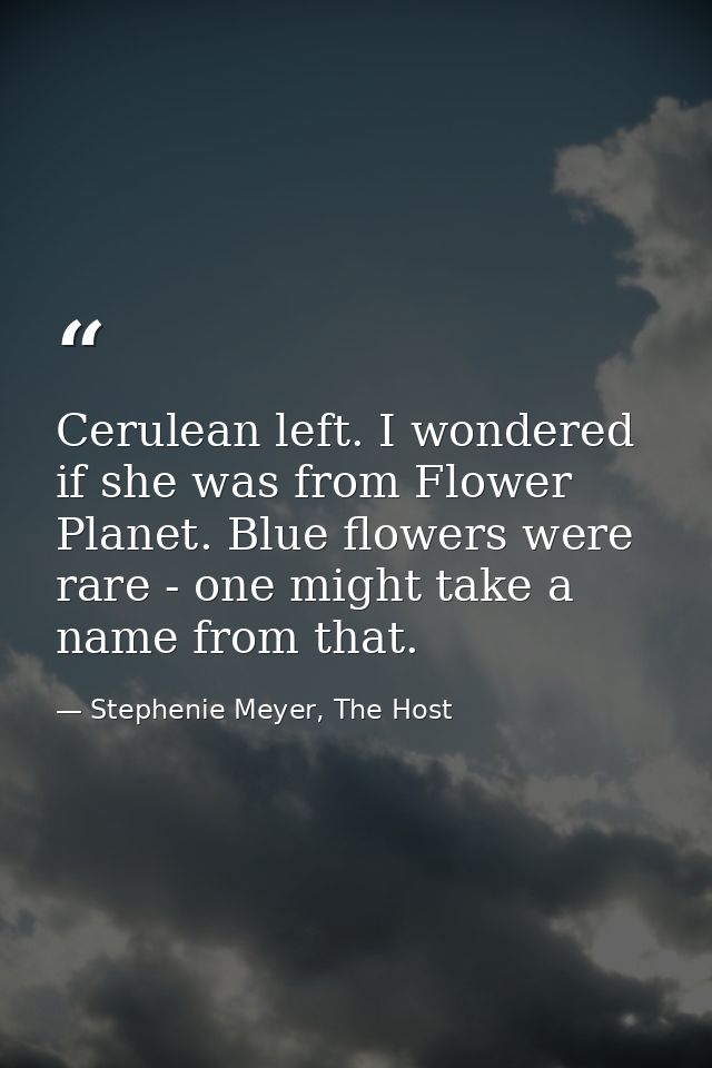 Cerulean left. I wondered if she was from Flower Planet. Blue flowers were rare - one might take a name from that. — Stephenie Meyer, The Host