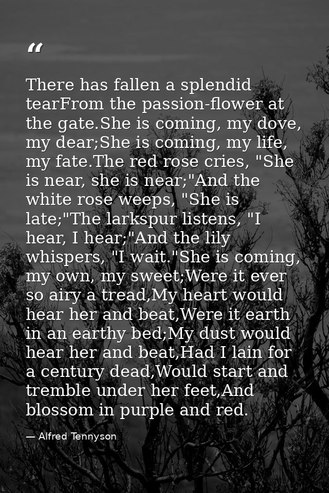 There has fallen a splendid tearFrom the passion-flower at the gate.She is coming, my dove, my dear;She is coming, my li — Alfred Tennyson