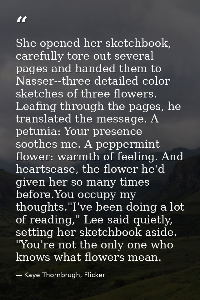 She opened her sketchbook, carefully tore out several pages and handed them to Nasser--three detailed color sketches of  — Kaye Thornbrugh, Flicker