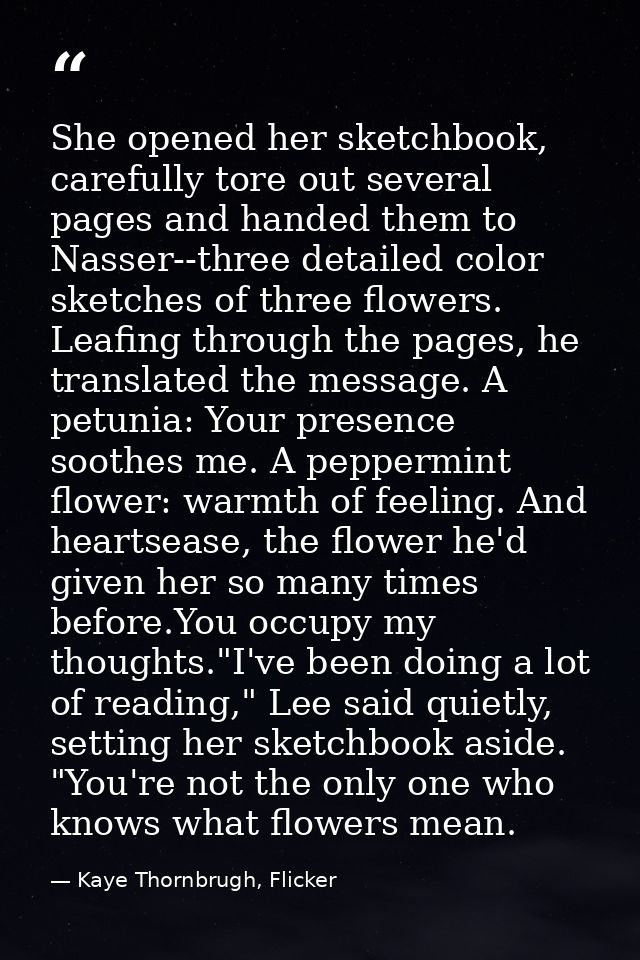She opened her sketchbook, carefully tore out several pages and handed them to Nasser--three detailed color sketches of  — Kaye Thornbrugh, Flicker