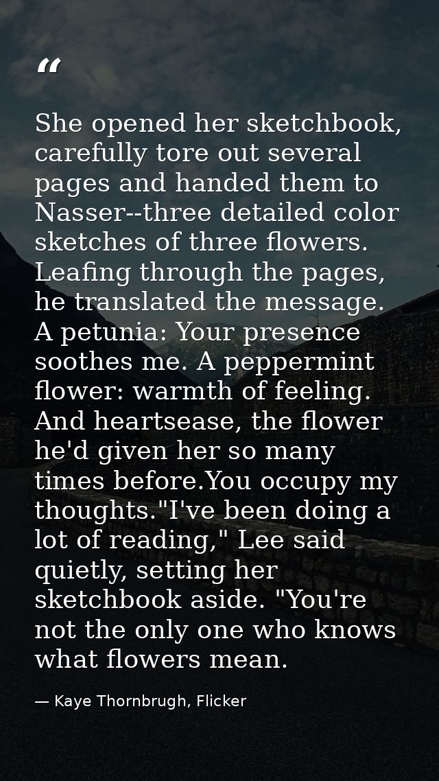 She opened her sketchbook, carefully tore out several pages and handed them to Nasser--three detailed color sketches of  — Kaye Thornbrugh, Flicker