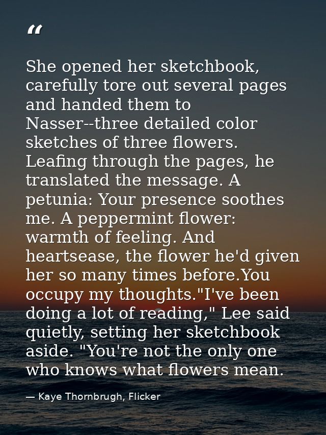 She opened her sketchbook, carefully tore out several pages and handed them to Nasser--three detailed color sketches of  — Kaye Thornbrugh, Flicker