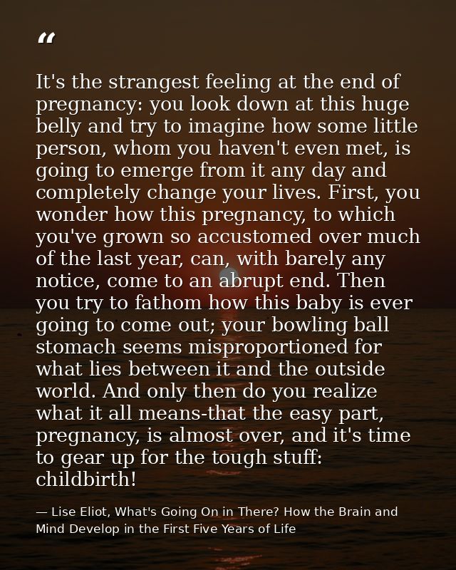 It's the strangest feeling at the end of pregnancy: you look down at this huge belly and try to imagine how some little  — Lise Eliot, What's Going On in There? How the Brain and Mind Develop in the First Five Years of Life