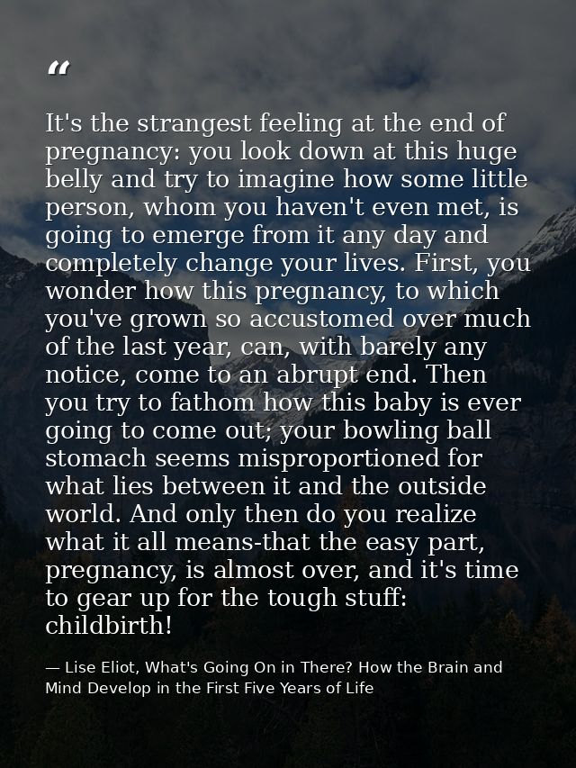 It's the strangest feeling at the end of pregnancy: you look down at this huge belly and try to imagine how some little  — Lise Eliot, What's Going On in There? How the Brain and Mind Develop in the First Five Years of Life