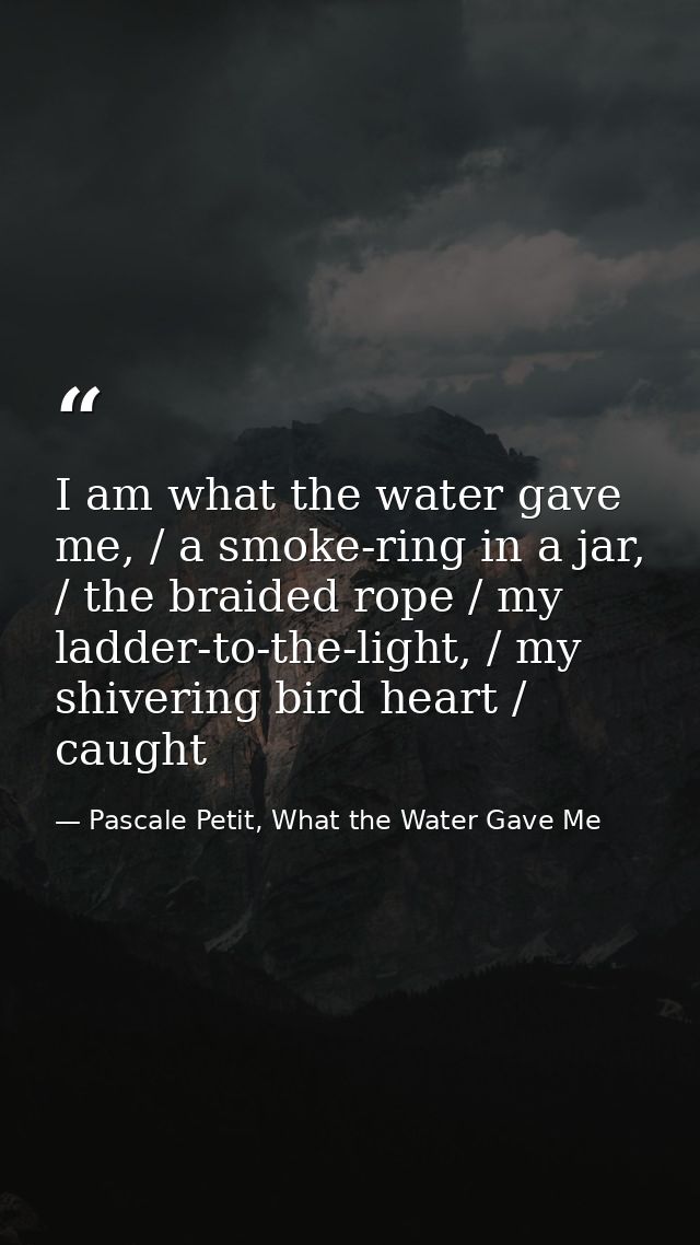 I am what the water gave me, / a smoke-ring in a jar, / the braided rope / my ladder-to-the-light, / my shivering bird h — Pascale Petit, What the Water Gave Me