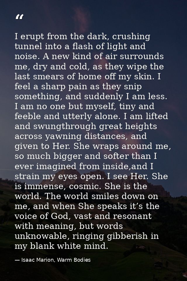 I erupt from the dark, crushing tunnel into a flash of light and noise. A new kind of air surrounds me, dry and cold, as — Isaac Marion, Warm Bodies