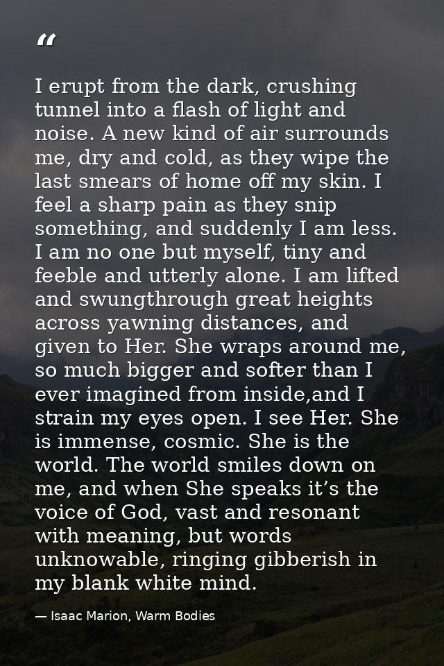 I erupt from the dark, crushing tunnel into a flash of light and noise. A new kind of air surrounds me, dry and cold, as — Isaac Marion, Warm Bodies