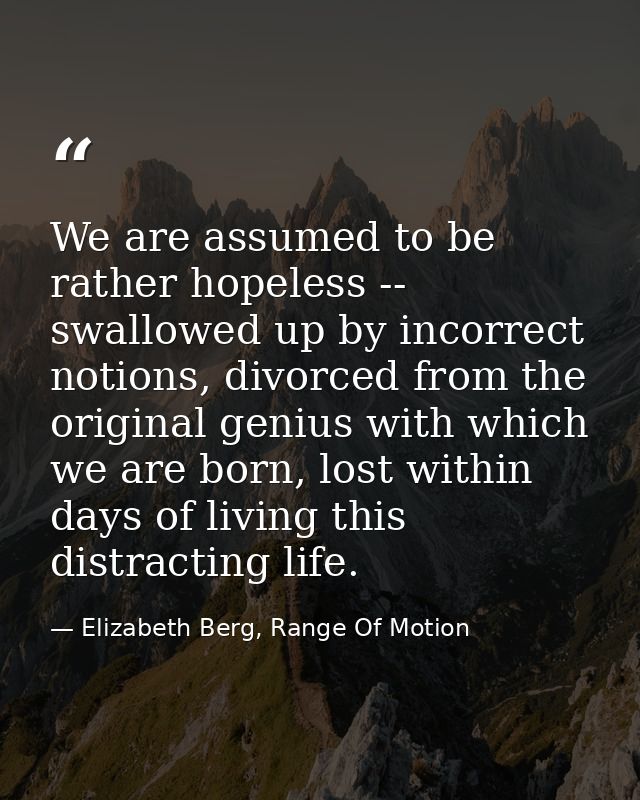 We are assumed to be rather hopeless -- swallowed up by incorrect notions, divorced from the original genius with which  — Elizabeth Berg, Range Of Motion