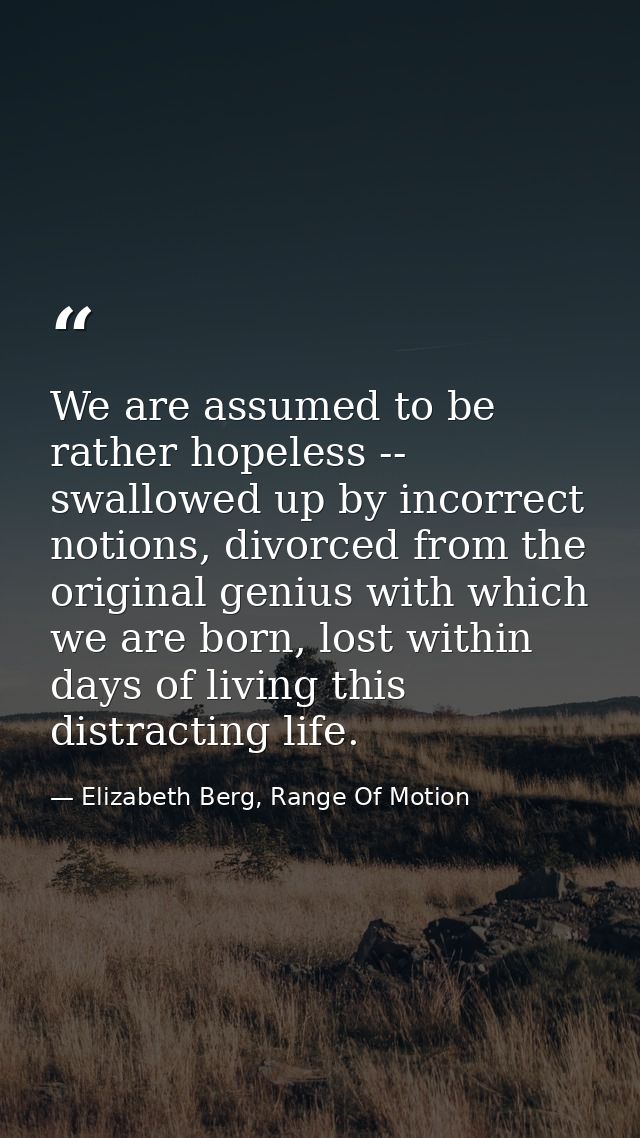 We are assumed to be rather hopeless -- swallowed up by incorrect notions, divorced from the original genius with which  — Elizabeth Berg, Range Of Motion
