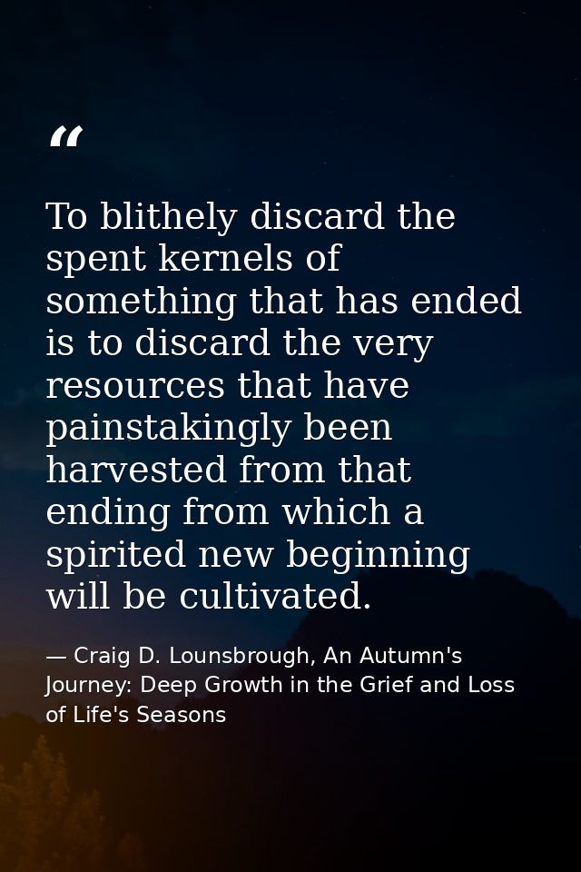 To blithely discard the spent kernels of something that has ended is to discard the very resources that have painstaking — Craig D. Lounsbrough, An Autumn's Journey: Deep Growth in the Grief and Loss of Life's Seasons