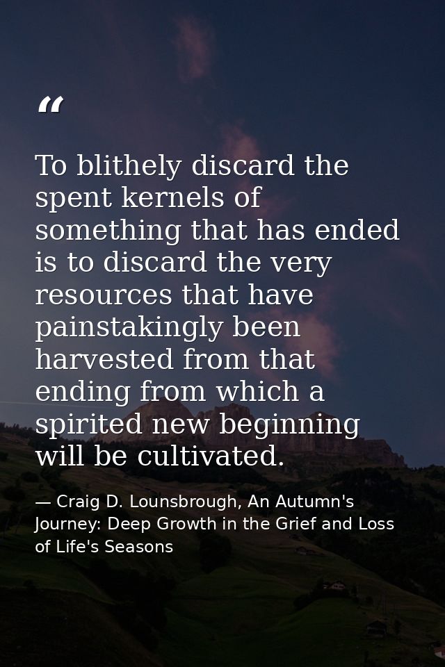 To blithely discard the spent kernels of something that has ended is to discard the very resources that have painstaking — Craig D. Lounsbrough, An Autumn's Journey: Deep Growth in the Grief and Loss of Life's Seasons