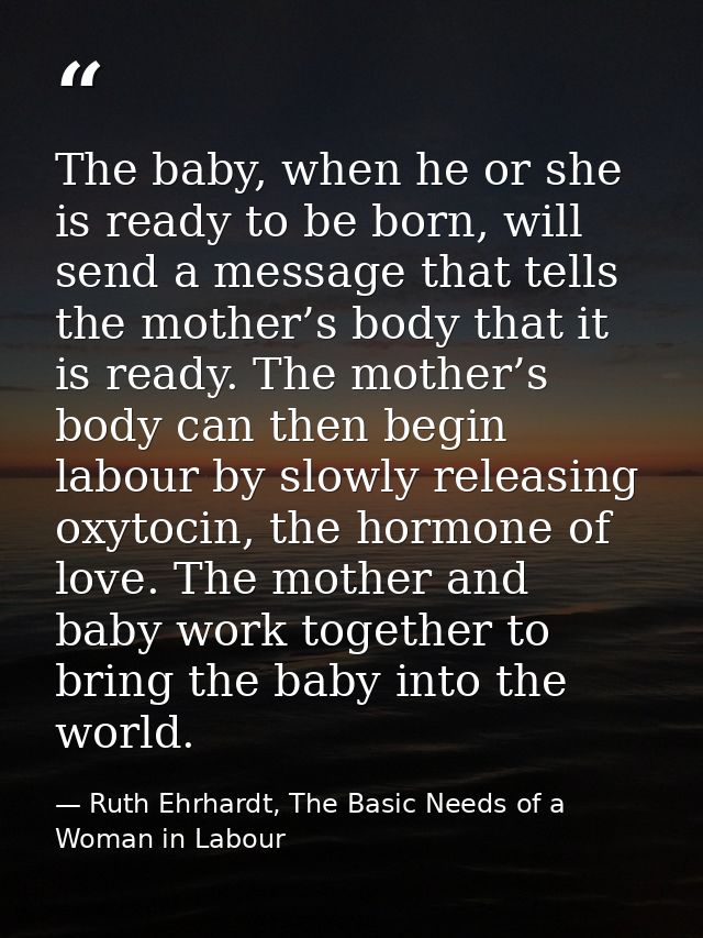 The baby, when he or she is ready to be born, will send a message that tells the mother’s body that it is ready. The mot — Ruth Ehrhardt, The Basic Needs of a Woman in Labour