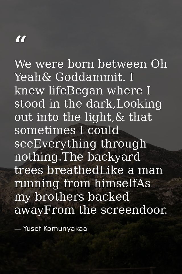 We were born between Oh Yeah& Goddammit. I knew lifeBegan where I stood in the dark,Looking out into the light,& that so — Yusef Komunyakaa