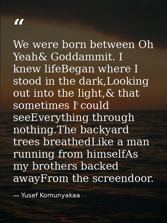 We were born between Oh Yeah& Goddammit. I knew lifeBegan where I stood in the dark,Looking out into the light,& that so — Yusef Komunyakaa