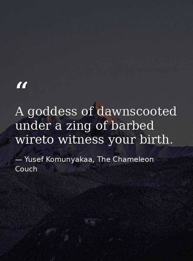 A goddess of dawnscooted under a zing of barbed wireto witness your birth. — Yusef Komunyakaa, The Chameleon Couch