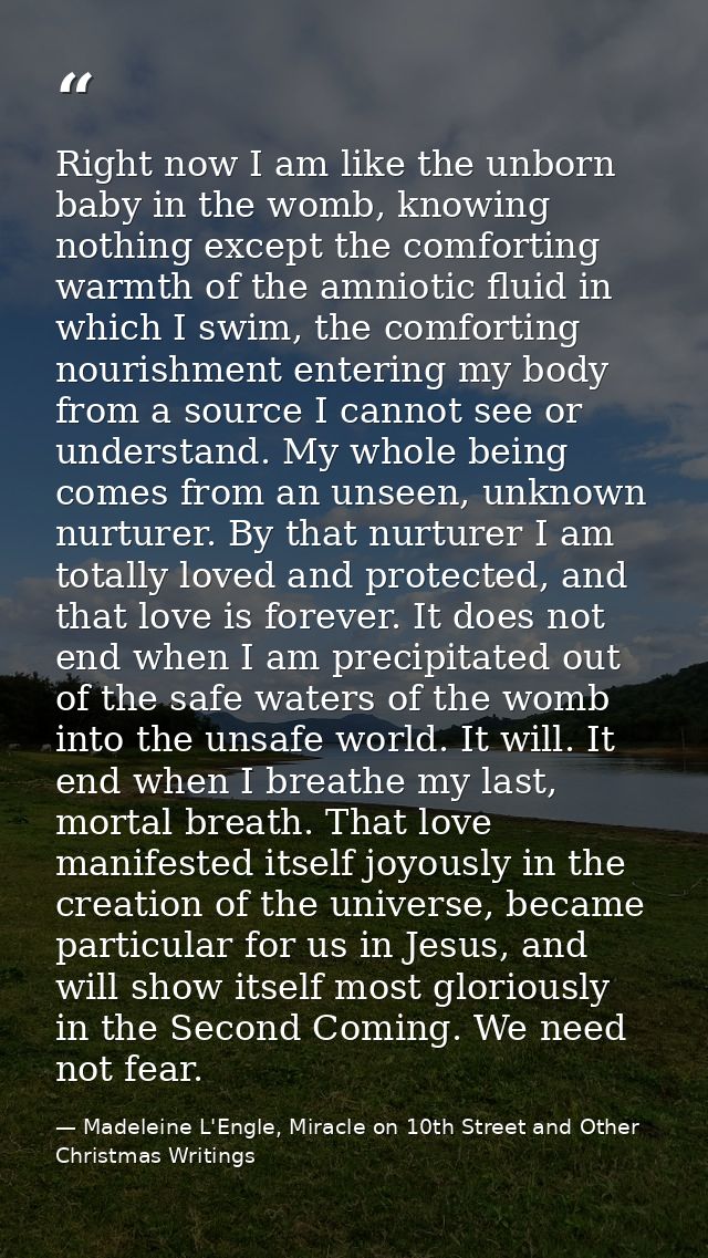 Right now I am like the unborn baby in the womb, knowing nothing except the comforting warmth of the amniotic fluid in w — Madeleine L'Engle, Miracle on 10th Street and Other Christmas Writings