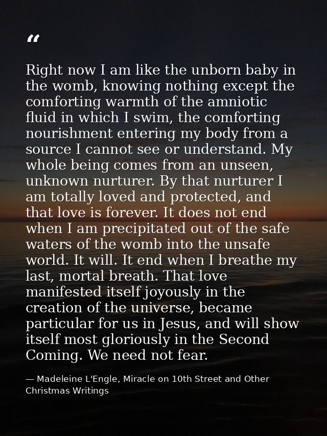 Right now I am like the unborn baby in the womb, knowing nothing except the comforting warmth of the amniotic fluid in w — Madeleine L'Engle, Miracle on 10th Street and Other Christmas Writings