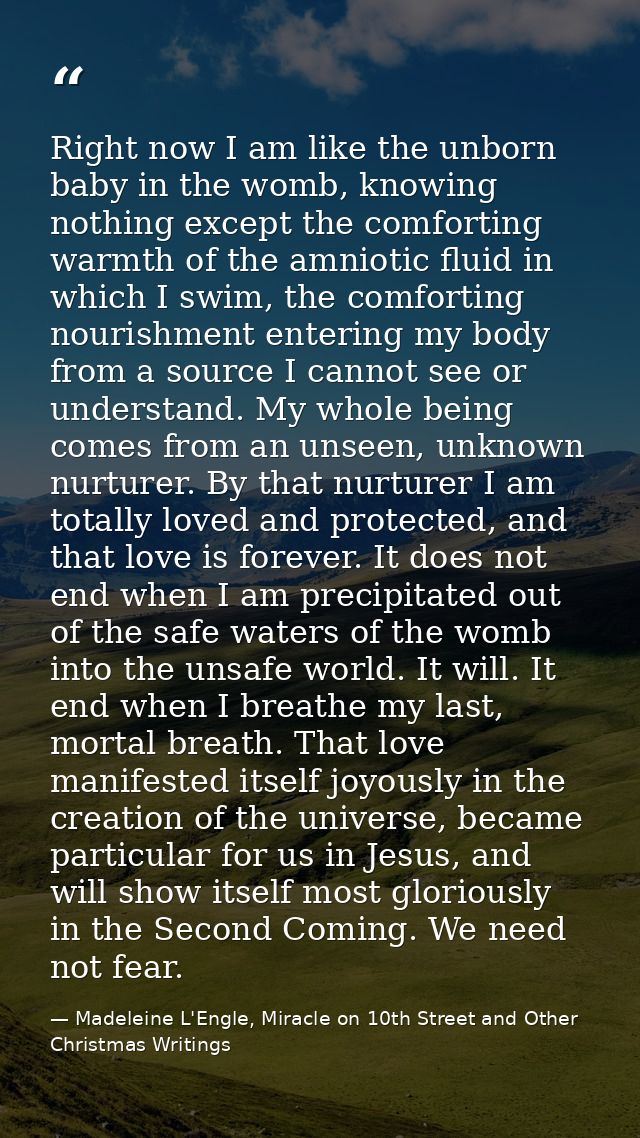 Right now I am like the unborn baby in the womb, knowing nothing except the comforting warmth of the amniotic fluid in w — Madeleine L'Engle, Miracle on 10th Street and Other Christmas Writings
