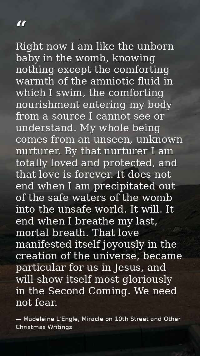 Right now I am like the unborn baby in the womb, knowing nothing except the comforting warmth of the amniotic fluid in w — Madeleine L'Engle, Miracle on 10th Street and Other Christmas Writings