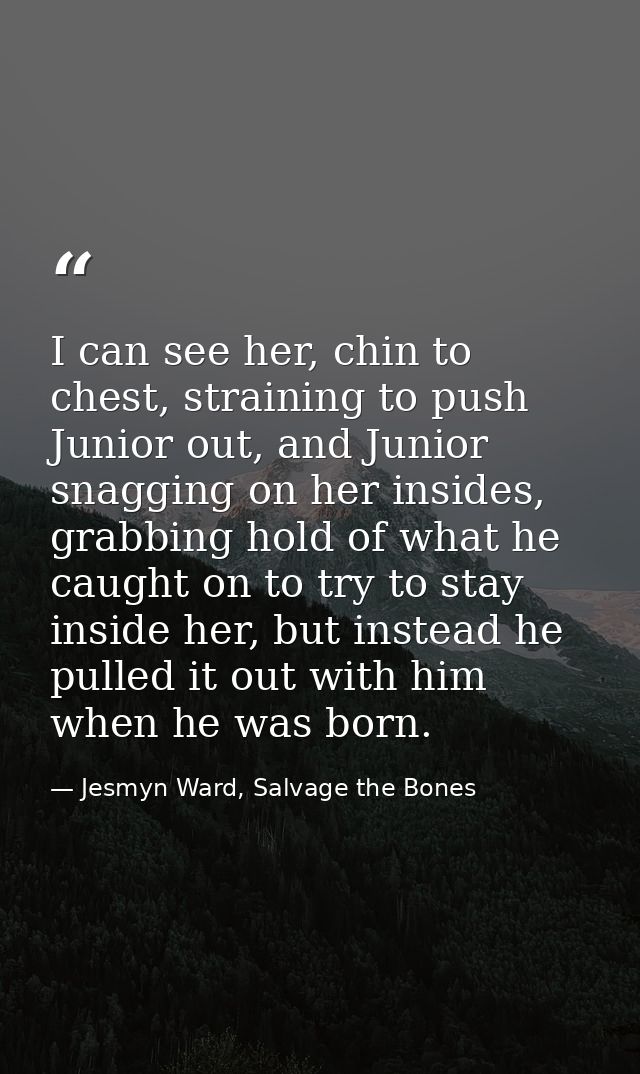 I can see her, chin to chest, straining to push Junior out, and Junior snagging on her insides, grabbing hold of what he — Jesmyn Ward, Salvage the Bones