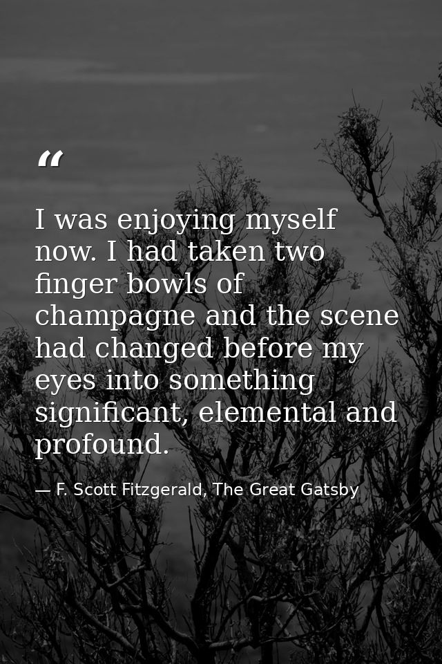 I was enjoying myself now. I had taken two finger bowls of champagne and the scene had changed before my eyes into somet — F. Scott Fitzgerald, The Great Gatsby