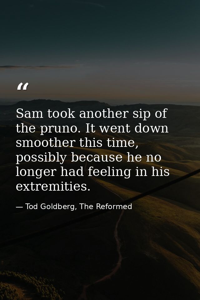 Sam took another sip of the pruno. It went down smoother this time, possibly because he no longer had feeling in his ext — Tod Goldberg, The Reformed