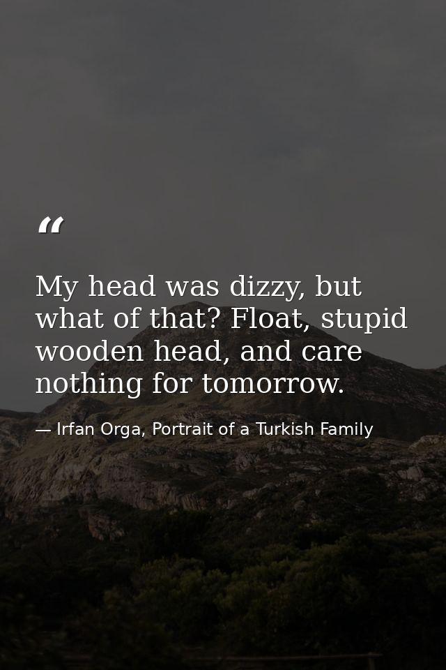 My head was dizzy, but what of that? Float, stupid wooden head, and care nothing for tomorrow. — Irfan Orga, Portrait of a Turkish Family