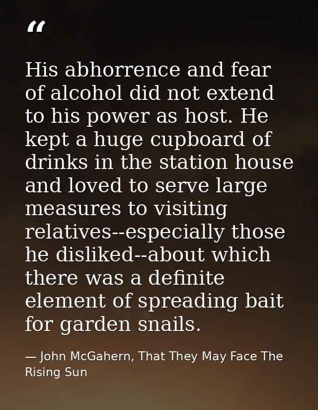 His abhorrence and fear of alcohol did not extend to his power as host. He kept a huge cupboard of drinks in the station — John McGahern, That They May Face The Rising Sun