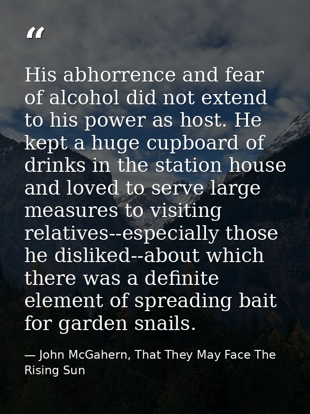 His abhorrence and fear of alcohol did not extend to his power as host. He kept a huge cupboard of drinks in the station — John McGahern, That They May Face The Rising Sun