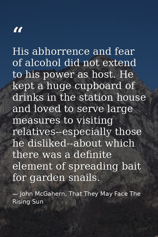 His abhorrence and fear of alcohol did not extend to his power as host. He kept a huge cupboard of drinks in the station — John McGahern, That They May Face The Rising Sun