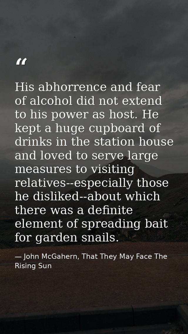 His abhorrence and fear of alcohol did not extend to his power as host. He kept a huge cupboard of drinks in the station — John McGahern, That They May Face The Rising Sun