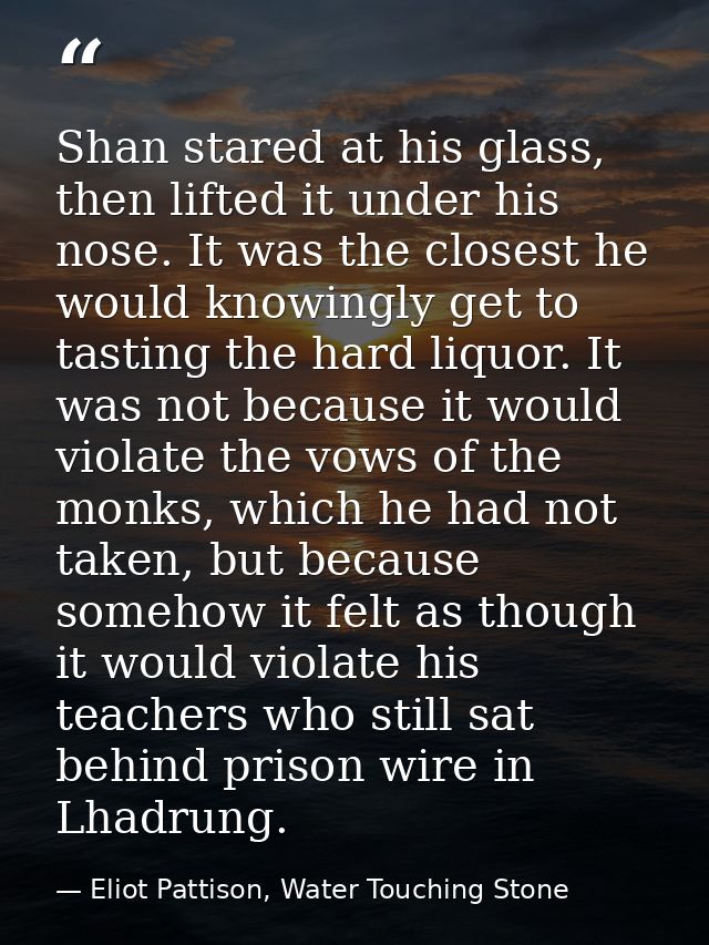 Shan stared at his glass, then lifted it under his nose. It was the closest he would knowingly get to tasting the hard l — Eliot Pattison, Water Touching Stone
