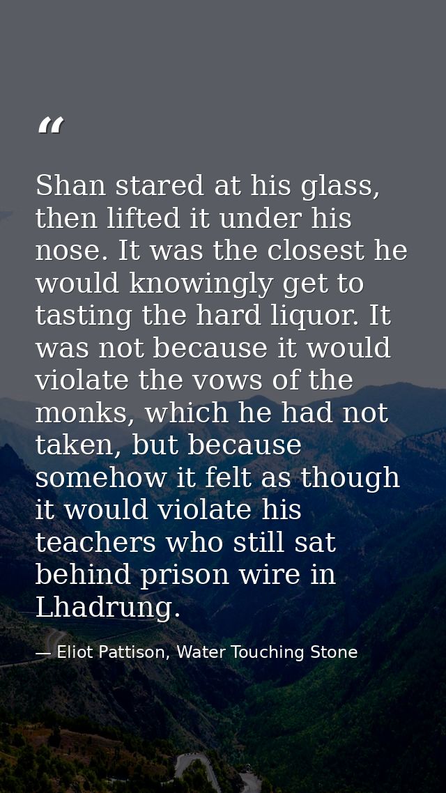 Shan stared at his glass, then lifted it under his nose. It was the closest he would knowingly get to tasting the hard l — Eliot Pattison, Water Touching Stone