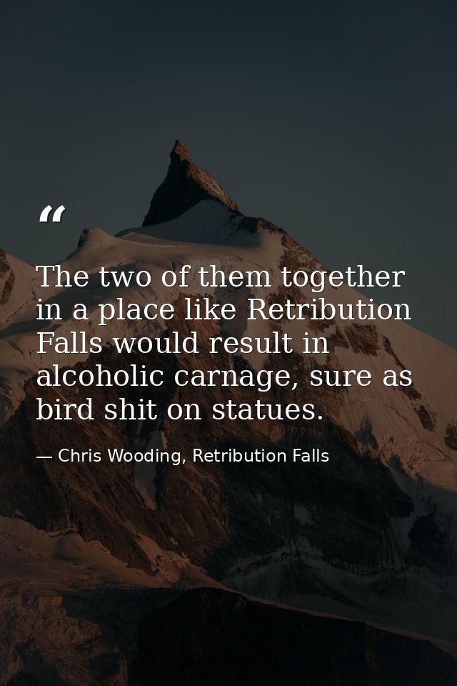 The two of them together in a place like Retribution Falls would result in alcoholic carnage, sure as bird shit on statu — Chris Wooding, Retribution Falls