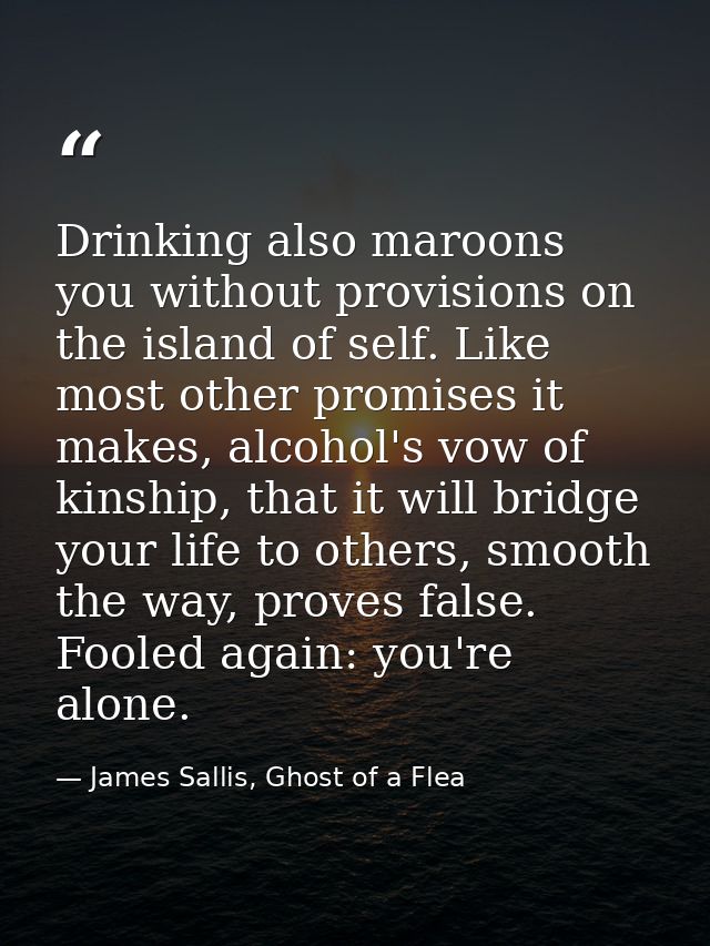 Drinking also maroons you without provisions on the island of self. Like most other promises it makes, alcohol's vow of  — James Sallis, Ghost of a Flea