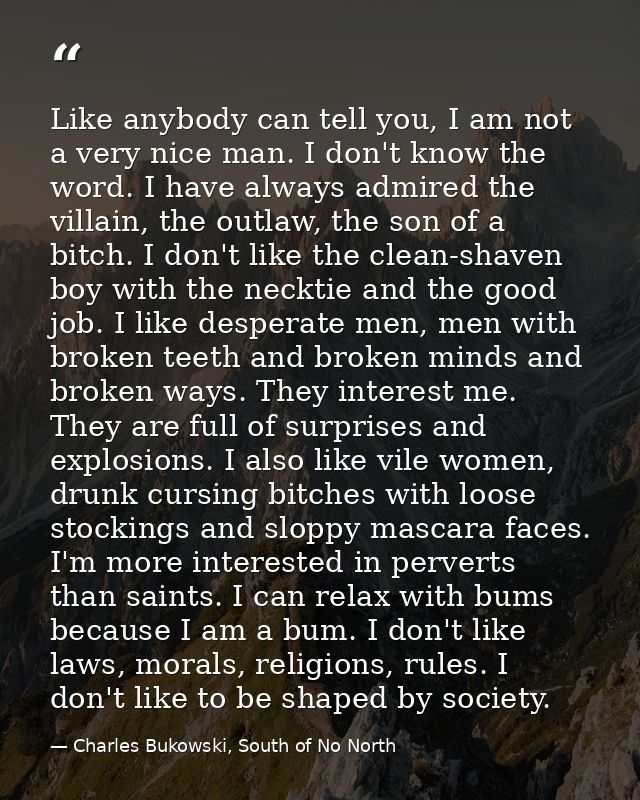 Like anybody can tell you, I am not a very nice man. I don't know the word. I have always admired the villain, the outla — Charles Bukowski, South of No North
