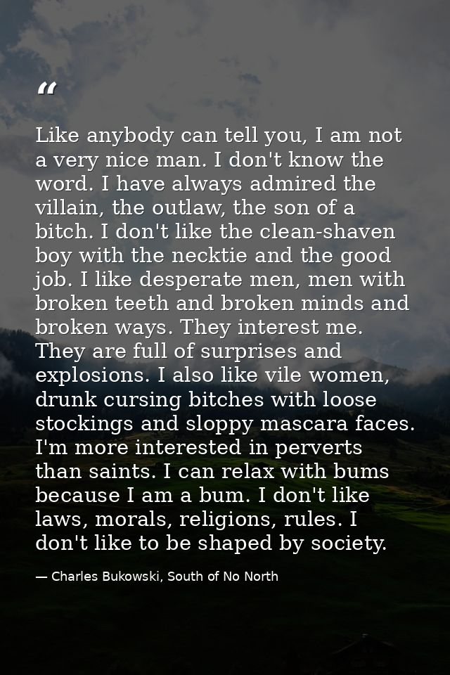 Like anybody can tell you, I am not a very nice man. I don't know the word. I have always admired the villain, the outla — Charles Bukowski, South of No North