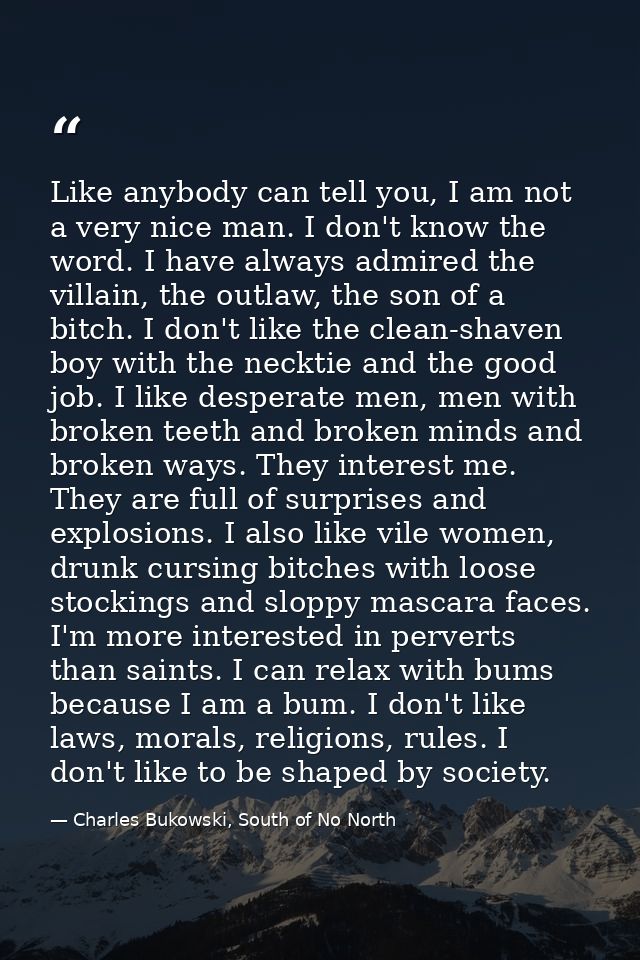Like anybody can tell you, I am not a very nice man. I don't know the word. I have always admired the villain, the outla — Charles Bukowski, South of No North