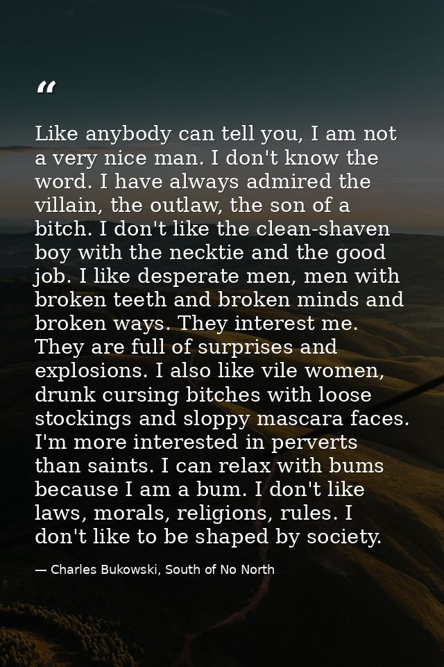 Like anybody can tell you, I am not a very nice man. I don't know the word. I have always admired the villain, the outla — Charles Bukowski, South of No North