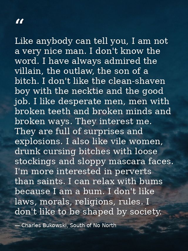 Like anybody can tell you, I am not a very nice man. I don't know the word. I have always admired the villain, the outla — Charles Bukowski, South of No North
