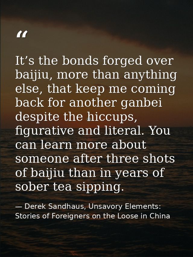 It’s the bonds forged over baijiu, more than anything else, that keep me coming back for another ganbei despite the hicc — Derek Sandhaus, Unsavory Elements: Stories of Foreigners on the Loose in China