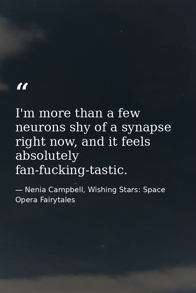I'm more than a few neurons shy of a synapse right now, and it feels absolutely fan-fucking-tastic. — Nenia Campbell, Wishing Stars: Space Opera Fairytales