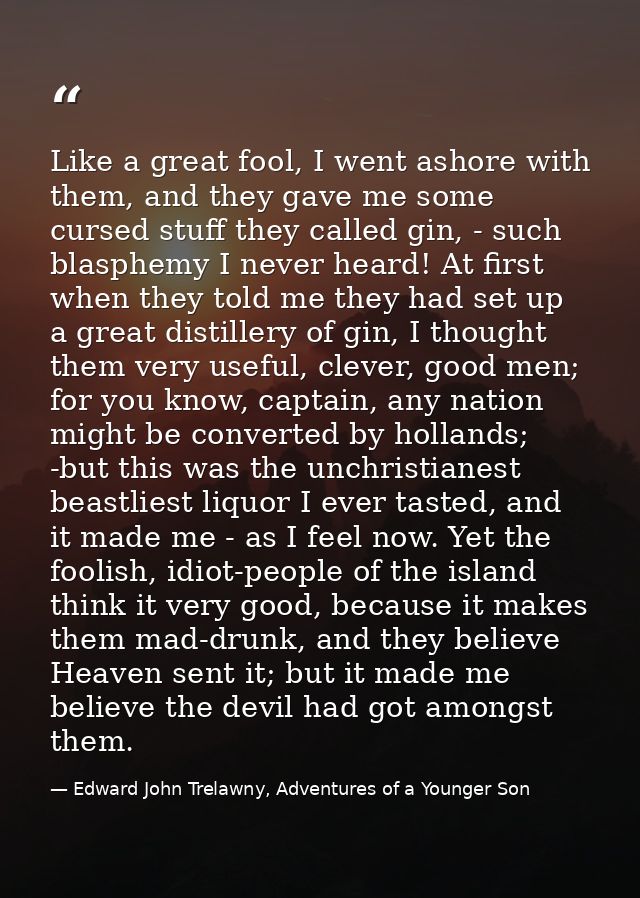 Like a great fool, I went ashore with them, and they gave me some cursed stuff they called gin, - such blasphemy I never — Edward John Trelawny, Adventures of a Younger Son