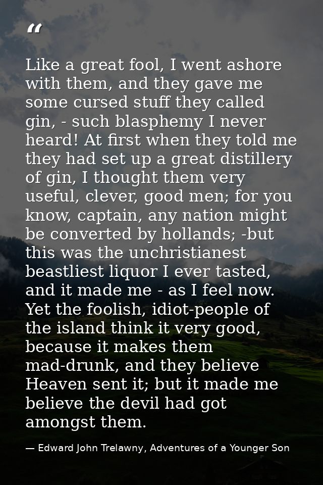 Like a great fool, I went ashore with them, and they gave me some cursed stuff they called gin, - such blasphemy I never — Edward John Trelawny, Adventures of a Younger Son