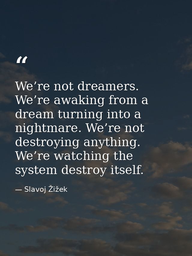 We’re not dreamers. We’re awaking from a dream turning into a nightmare. We’re not destroying anything. We’re watching t — Slavoj Žižek