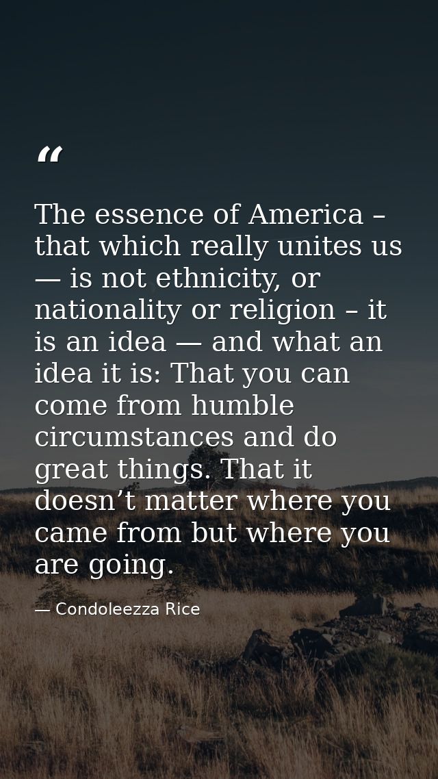 The essence of America – that which really unites us — is not ethnicity, or nationality or religion – it is an idea — an — Condoleezza Rice
