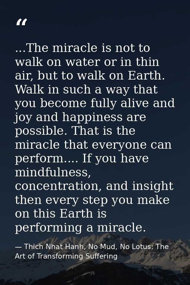 ...The miracle is not to walk on water or in thin air, but to walk on Earth. Walk in such a way that you become fully al — Thich Nhat Hanh, No Mud, No Lotus: The Art of Transforming Suffering